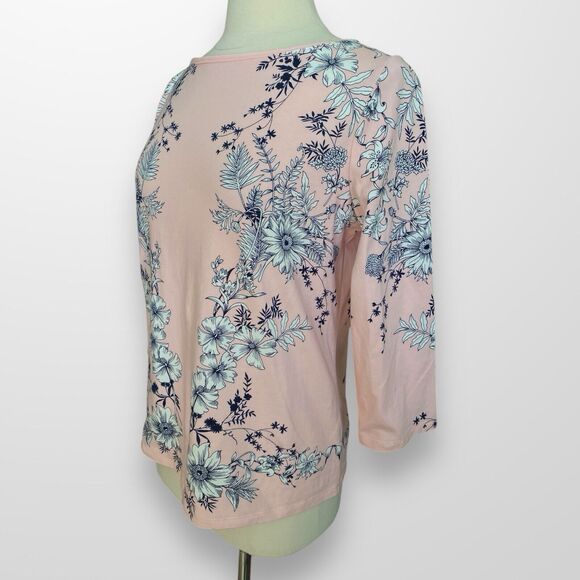 Talbots Tee Size Large Petite‎ Top Shirt Scoop Neck 3/4 Sleeve Pink Navy - Picture 6 of 8